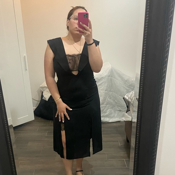 Top Shop black midi dress with lace slip dress underneath - Picture 2 of 2